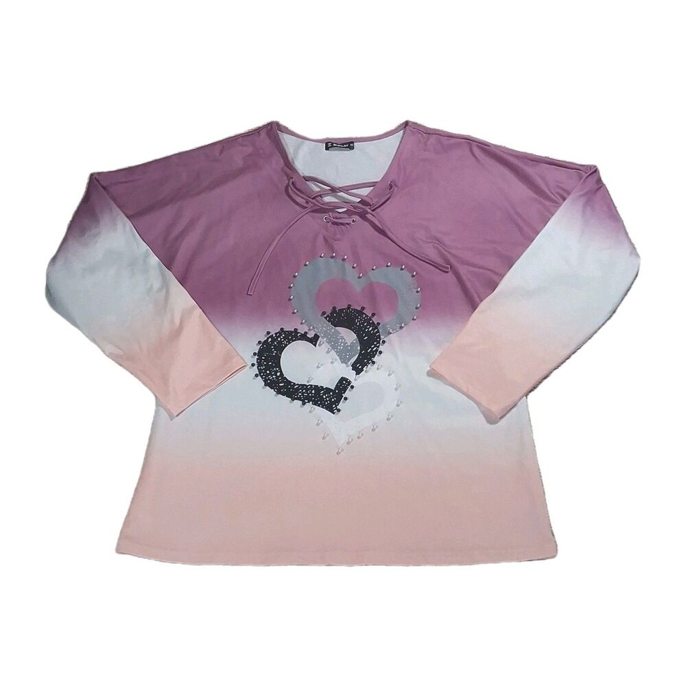 ​Sheilay Women L Pink Ombre Double Heart Pearl Studded Lace Up Long Sleeve Shirt